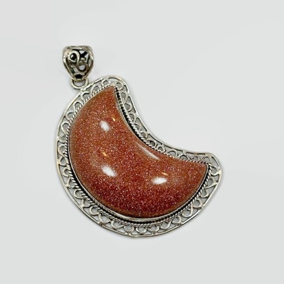 Moon Pendant, Goldstone Pendant, Sterling Silver, Crescent Moon, 2 1/3" Long - Picture 2 of 5